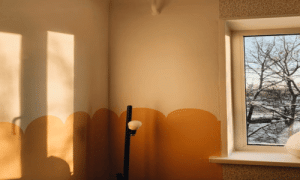 Warm sunlight casting shadows on a beige wall with a scalloped yellow accent paint design.